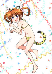 Rule 34 | 1girl, 2022, absurdres, animal ears, bikini, blue eyes, blush, breasts, brown hair, chinese zodiac, confetti, fake animal ears, fake tail, hair ornament, hair ribbon, highres, looking at viewer, lyrical nanoha, mahou shoujo lyrical nanoha, mahou shoujo lyrical nanoha a&#039;s, micro bikini, miyajima hitoshi, navel, open mouth, ribbon, shiny skin, short hair, simple background, small breasts, smile, solo, swimsuit, tail, takamachi nanoha, tiger ears, tiger tail, twintails, white background, year of the tiger