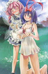 Rule 34 | 2girls, ^ ^, blue hair, blush, bouquet, breasts, cleavage, closed eyes, dress, fairy maid (touhou), flower, grin, hair ribbon, kneeling, large breasts, maid headdress, marriage proposal, multiple girls, nagae iku, pink hair, red eyes, ribbon, smile, touhou, white dress, wings, yohane