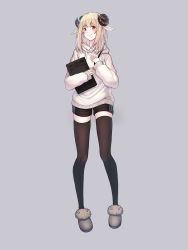 Rule 34 | 1girl, absurdres, bad id, bad pixiv id, black thighhighs, blonde hair, blush, brown eyes, closed mouth, drawing tablet, full body, grey background, highres, horns, kimsw0522, looking at viewer, medium hair, original, pointy ears, simple background, slippers, smile, solo, stylus, tall, thighhighs