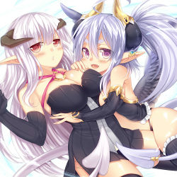 Rule 34 | 2girls, :d, blush, borrowed character, breasts, crossover, demon horns, demon tail, ear covers, elbow gloves, eteru (mofuaki), fangs, gloves, horns, large breasts, long hair, looking at viewer, medium breasts, mofuaki, multiple girls, open mouth, original, pointy ears, smile, tail, thighhighs, yuna (sawati)
