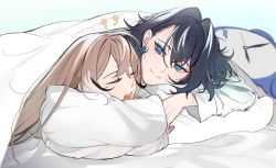 Rule 34 | 2girls, ahoge, alarm clock, bed, bed sheet, blanket, blue eyes, blue hair, bow, bow earrings, brown hair, clock, closed eyes, earrings, eus ing, hair down, hair intakes, hololive, hololive english, hugging object, jewelry, looking at another, multicolored hair, multiple girls, nanashi mumei, ouro kronii, pajamas, pillow, pillow hug, short hair, smile, squeans, streaked hair, tearing up, virtual youtuber, yawning