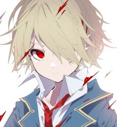 Rule 34 | 1girl, alf11258800, blonde hair, blood, blood on face, blue jacket, closed mouth, hair ornament, heaven burns red, highres, jacket, kayamori ruka, necktie, one eye covered, portrait, red eyes, red necktie, shirt, short hair, simple background, solo, white background, white shirt
