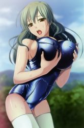 Rule 34 | 10s, 1girl, absurdres, grabbing another&#039;s breast, breasts, cleavage, covered erect nipples, grabbing, green hair, highres, kyonyuu fantasy, kyonyuu fantasy gaiden, large breasts, nerisu (kyonyuu fantasy), one-piece swimsuit, sideboob, swimsuit, thighhighs, wet