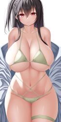 Rule 34 | 1girl, absurdres, asamura hiori, azur lane, bare shoulders, bikini, black hair, breasts, cleavage, collarbone, green bikini, hair between eyes, highres, huge breasts, long hair, long sleeves, looking at viewer, navel, off shoulder, official alternate costume, one side up, open clothes, open shirt, red eyes, shirt, sideboob, sitting, solo, swimsuit, taihou (azur lane), taihou (seaside daydreams) (azur lane), thighs, white shirt