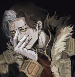Rule 34 | 1boy, annoyed, black background, brown hair, chinese commentary, commentary request, deadlinee, earrings, emet-selch, epaulettes, fang, final fantasy, final fantasy xiv, from side, fur trim, furrowed brow, garlean, gloves, hand on own face, head on hand, highres, jewelry, jitome, long sleeves, looking away, male focus, mature male, multicolored hair, portrait, realistic, short hair, simple background, sneer, solo, teeth, third eye, two-tone hair, white gloves, white hair, yellow eyes