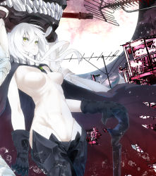 Rule 34 | 10s, 1girl, abyssal ship, black gloves, bodysuit, breasts, cape, full moon, gloves, green eyes, hat, highres, kantai collection, long hair, mikoma sanagi, monster, moon, pale skin, personification, solo, torn cape, torn clothes, white hair, wo-class aircraft carrier