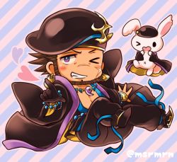 Rule 34 | &gt;:), &gt; o, 1boy, animal, bad id, bad pixiv id, bare pectorals, bead bracelet, beads, beard, blue background, blush, bracelet, bracer, bright pupils, brown hair, chibi, clothed animal, collarbone, commentary request, earrings, facial hair, flipped hair, full body, gold trim, grin, hat, heart, index finger raised, jewelry, looking at viewer, magatama, magatama necklace, male focus, mashiro miru, necklace, one eye closed, ookuninushi (p&amp;d), open clothes, pectorals, pink background, purple eyes, puzzle &amp; dragons, rabbit, scar, scar on face, scar on nose, sharp teeth, short hair, smile, solo, striped, striped background, teeth, twitter username, two-tone background, v-shaped eyebrows, white pupils