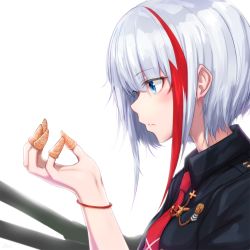 Rule 34 | 1girl, admiral graf spee (azur lane), admiral graf spee (girl&#039;s sunday) (azur lane), azur lane, black shirt, blue eyes, blush, bugles, bugles (food), bugles on fingers, closed mouth, collared shirt, expressionless, food, food on hand, from side, military, military uniform, multicolored hair, necktie, osterei, profile, red hair, red necktie, shirt, short hair, silver hair, simple background, solo, streaked hair, turret, uniform, upper body, white background, wing collar, wristband