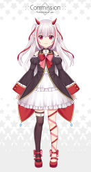 Rule 34 | 1girl, bare shoulders, black jacket, black sleeves, black thighhighs, bow, closed mouth, commentary request, commission, copyright request, detached sleeves, dress, english text, frilled dress, frills, full body, grey hair, hitsuki rei, horns, jacket, juliet sleeves, leg ribbon, long hair, long sleeves, looking at viewer, multicolored hair, pink bow, pink ribbon, puffy sleeves, red bow, red eyes, red footwear, red hair, red ribbon, ribbon, shoes, single thighhigh, sleeveless, sleeveless jacket, sleeves past wrists, smile, solo, standing, star (symbol), starry background, streaked hair, thighhighs, two side up, very long hair, virtual youtuber, watermark, white background, white dress