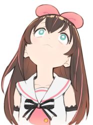 Rule 34 | 1girl, :&lt;, aqua eyes, arm warmers, artist request, bow, brown hair, buttons, closed mouth, collarbone, detached sleeves, hair bow, install!, kizuna ai, kizuna ai inc., long hair, looking up, multicolored hair, pink bow, pink hair, sailor collar, simple background, solo, streaked hair, upper body, virtual youtuber, white background