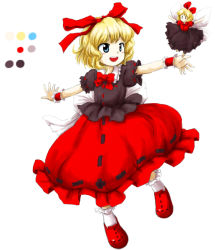 Rule 34 | 1girl, blonde hair, blue eyes, blush, bow, color guide, doll, fairy wings, frilled skirt, frills, full body, hair ribbon, huyusilver, long skirt, medicine melancholy, official style, open mouth, outstretched arms, parody, red bow, red ribbon, red skirt, ribbon, short hair, simple background, skirt, smile, socks, solo, style parody, su-san, touhou, white background, wings, wrist cuffs, zun (style)