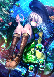 Rule 34 | 1girl, blue rose, boots, bubble, chair, coral, eyeball, flower, green eyes, green skirt, hat, highres, komeiji koishi, open mouth, rose, ryosios, silver hair, sitting, skirt, solo, third eye, touhou, underwater