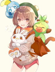 Rule 34 | 1girl, backpack, bag, blush, bob cut, brown eyes, brown hair, bug, butterfly, cardigan, commentary request, cowboy shot, creatures (company), dress, game freak, gen 8 pokemon, gloria (pokemon), green headwear, grey cardigan, grookey, hat, highres, holding, holding pokemon, insect, long sleeves, looking at viewer, mikan no shiru, nintendo, on head, open mouth, pink dress, pokemon, pokemon (creature), pokemon on head, pokemon swsh, scorbunny, short hair, sobble, starter pokemon trio, tam o&#039; shanter, teeth, tongue, upper teeth only