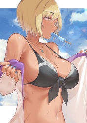 Rule 34 | 1girl, absurdres, alternate hair color, bare arms, bare shoulders, bikini, bikini tan, blonde hair, blue bikini, blue nails, blue sky, breasts, cleavage, cloud, day, eyelashes, fingernails, food, from side, front-tie top, halterneck, halterneck, highres, jewelry, large breasts, lens flare, looking away, mole, mole under eye, mouth hold, nail polish, navel, necklace, nijisanji, popsicle, shizuka rin, short hair, sky, skysign ft, solo, stomach, sweat, swimsuit, tan, tanline, upper body, virtual youtuber, wet, yellow eyes