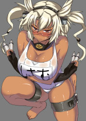 Rule 34 | 10s, 1girl, bad id, bad pixiv id, barefoot, blonde hair, blush, breasts, dark-skinned female, dark skin, fingerless gloves, glasses, gloves, grey background, kantai collection, komusou (jinrikisha), large breasts, long hair, musashi (kancolle), on one knee, one-piece swimsuit, pointy hair, red eyes, school swimsuit, shiny skin, simple background, solo, swimsuit, twintails, two side up, white one-piece swimsuit, white school swimsuit