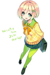 Rule 34 | 1girl, :d, anpanman, aqua eyes, arms behind back, bag, blonde hair, bow, fujishima-sei ichi-gou, full body, green footwear, green hair, green pantyhose, hair ornament, hairclip, highres, loafers, long sleeves, looking at viewer, meronpanna, multicolored hair, open mouth, orange bow, orange ribbon, pantyhose, personification, pleated skirt, ribbon, school bag, school uniform, serafuku, shoes, short hair, simple background, skirt, smile, solo, sweat, sweater, text focus, white background, yellow sweater