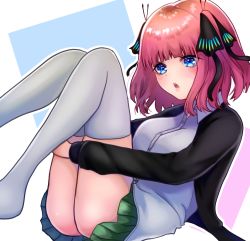 Rule 34 | 1girl, ass, black cardigan, blue eyes, blunt bangs, breasts, butterfly hair ornament, cardigan, go-toubun no hanayome, green skirt, hair ornament, highres, kurosaki coco, looking at viewer, nakano nino, open cardigan, open clothes, parted lips, pink hair, shirt, skirt, thick thighs, thighhighs, thighs, twintails, uniform, white shirt, white thighhighs