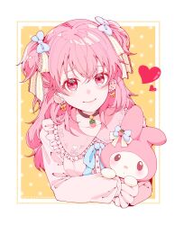 1girl bow choker earrings heart highres ichikoronee jewelry long_hair long_sleeves looking_at_viewer momoi_airi pink_eyes pink_hair project_sekai red_eyes ribbon smile solo stuffed_animal stuffed_rabbit stuffed_toy two_side_up upper_body