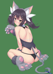 Rule 34 | 1girl, 3:, absurdres, animal ears, animal hands, ass, back, bare shoulders, between legs, black hair, black panties, blue ribbon, blush, brown eyes, cat ears, cat tail, commentary request, detached collar, dimples of venus, fake animal ears, fake tail, fate/kaleid liner prisma illya, fate (series), from behind, frown, full body, gloves, green background, grey theme, hair ornament, hair ribbon, hairclip, hand between legs, highres, kido airaku, long hair, looking at viewer, looking back, miyu edelfelt, nose blush, panties, paw gloves, paw shoes, ribbon, shoes, shoulder blades, sidelocks, simple background, sitting, solo, tail, tail ornament, tail ribbon, underwear, wariza, white ribbon