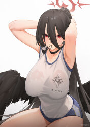 Rule 34 | 1girl, adjusting hair, armpits, arms up, black hair, black wings, blue archive, blush, breasts, buruma, chilakkk, feathered wings, hair between eyes, hasumi (blue archive), highres, large breasts, long hair, looking at viewer, mole, mole under eye, mouth hold, ponytail, red eyes, rubber band, shirt, simple background, sleeveless, sleeveless shirt, solo, sweatdrop, thighs, twitter username, tying hair, very long hair, wet, wet clothes, wet shirt, white background, wings