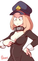 Rule 34 | 10s, 1girl, animated, animated gif, artist name, black bodysuit, black hat, blinking, blonde hair, blush, bodysuit, boku no hero academia, bouncing breasts, breasts, bursting breasts, collar, collarbone, diives, embarrassed, female focus, hand on own hip, hand up, hands up, hat, highres, long sleeves, looking down, matching hair/eyes, medium breasts, open mouth, signature, simple background, solo, standing, surprised, teeth, utsushimi kemii, wardrobe malfunction, white background, wide hips, zipper, zipper pull tab