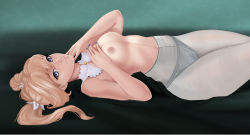 Rule 34 | barbara (genshin impact), blonde hair, blue eyes, blue nails, breasts, closed mouth, eyelashes, feet out of frame, fingernails, from side, genshin impact, hair tie, holy meh, lips, looking at viewer, nail polish, navel, nipples, pantyhose, small breasts, thighs, topless, twintails, white pantyhose
