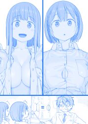 Rule 34 | 3girls, :o, ^^^, ai-chan&#039;s sister (tawawa), ai-chan (tawawa), blue theme, blunt bangs, blush stickers, braid, breasts, button gap, collarbone, commentary, commentary request, fake facial hair, fake mustache, getsuyoubi no tawawa, glasses, highres, himura kiseki, lab coat, large breasts, long hair, looking at another, looking at viewer, monochrome, multiple girls, necktie, open clothes, open mouth, open shirt, short hair, siblings, single braid, sisters, smile, volley-bu-chan (tawawa)