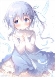 Rule 34 | 1girl, :o, blue dress, blue eyes, blue hair, blue ribbon, blush, commentary request, dress, feathers, frilled dress, frills, hair between eyes, hair ribbon, hands up, long hair, long sleeves, looking at viewer, one side up, original, parted lips, ribbon, shiratama (shiratamaco), shirt, sleeves past wrists, solo, very long hair, white feathers, white shirt, wing hair ornament