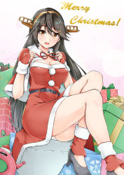 Rule 34 | 1girl, alternate costume, belt, black footwear, black hair, blush, breasts, brown eyes, chimney, cleavage, dress, enemy lifebuoy (kancolle), fingerless gloves, full body, fur-trimmed dress, fur trim, gift, gloves, hairband, haruna (kancolle), headgear, high heels, highres, kantai collection, large breasts, leg warmers, long hair, looking at viewer, merry christmas, off-shoulder dress, off shoulder, open mouth, panties, pantyshot, pumps, red dress, red gloves, sezok, simple background, sitting, smile, solo, underwear, white background