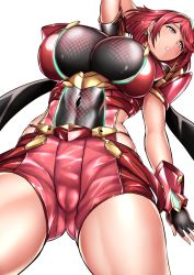Rule 34 | 1girl, armor, bad id, bad pixiv id, breasts, cameltoe, large breasts, nintendo, parted lips, pyra (xenoblade), red eyes, red hair, short hair, simple background, solo, white background, xenoblade chronicles (series), xenoblade chronicles 2
