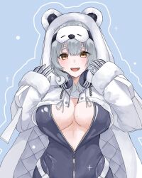 Rule 34 | 1girl, :d, animal costume, animal hood, bear costume, bear hood, black bodysuit, blush, bodysuit, breasts, cleavage, gloves, goddess of victory: nikke, grey hair, headphones, headphones around neck, highres, hood, hood up, large breasts, long hair, long sleeves, looking at viewer, mask, mask on head, mole, mole on breast, neve (nikke), no bra, open bodysuit, open clothes, open mouth, sleep mask, smile, solo, sui nikke, yellow eyes