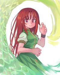 Rule 34 | 1girl, alternate eye color, anarogumaaa, bad id, bad pixiv id, chinese clothes, fighting stance, hong meiling, long hair, looking at viewer, no headwear, puffy short sleeves, puffy sleeves, red eyes, red hair, short sleeves, smile, solo, touhou, wristband