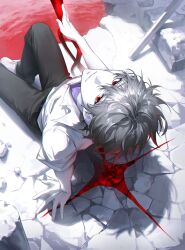 Rule 34 | 1boy, absurdres, arm support, belt, blood, closed mouth, collared shirt, crack, cracked floor, dress shirt, foot out of frame, from above, from behind, grey hair, grey pants, hand up, highres, holding, holding polearm, holding weapon, knee up, light smile, looking at viewer, looking up, male focus, muksal, nagisa kaworu, neon genesis evangelion, on floor, pants, partially colored, planted, planted spear, polearm, pool of blood, purple shirt, red eyes, rubble, school uniform, shadow, shirt, shoes, short hair, short sleeves, sitting, sneakers, solo, spear, spear of cassius, undershirt, weapon, white footwear