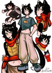 Rule 34 | 1girl, animal ears, armor, black hair, body fur, cat ears, cat girl, cat tail, dungeon meshi, food, green eyes, hand in pocket, highres, izutsumi, midriff, omelet, omurice, pants, rayosechi, red scarf, scarf, shirt, shoes, short hair, sleeping, sneakers, tail, tied shirt