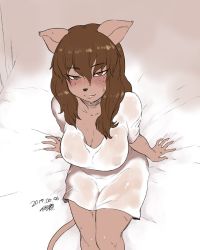 Rule 34 | 1girl, animal ears, blush, breasts, brown hair, cat ears, cat tail, cleavage, commentary request, covered erect nipples, dark-skinned female, dark skin, dress, ecaflip, freckles, furry, furry female, hair down, long hair, looking at viewer, miranda (wakfu), no bra, on bed, red eyes, see-through, sitting, snout, solo, tail, tsukudani (coke-buta), wakfu, wet, wet clothes, white dress