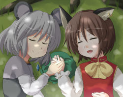 Rule 34 | 2girls, animal ears, bad id, bad pixiv id, cat ears, cat girl, chen, dappled sunlight, earrings, closed eyes, fang, female focus, grass, holding hands, hat, jewelry, mouse ears, multiple girls, nazrin, necklace, open mouth, shade, smile, sunlight, super masara, touhou