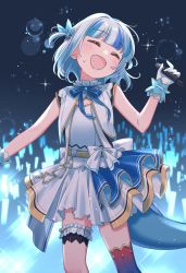 Rule 34 | 1girl, :d, blue hair, blue skirt, celerytmyk, closed eyes, commentary, dress, english commentary, fins, fish tail, gawr gura, gloves, hair ornament, highres, holding, holding microphone, hololive, hololive english, hololive idol uniform, idol, idol clothes, medium hair, microphone, miniskirt, multicolored clothes, multicolored hair, multicolored skirt, open mouth, shark girl, shark hair ornament, shark tail, short twintails, skirt, smile, streaked hair, tail, thighhighs, twintails, virtual youtuber, white dress, white gloves, white hair, white skirt