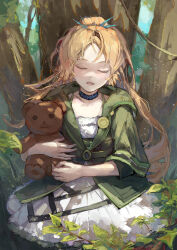 Rule 34 | 1girl, absurdres, arknights, black choker, blonde hair, choker, closed eyes, commentary request, dress, feather hair, feather hair ornament, feathers, forest, green jacket, hair ornament, highres, holding, holding stuffed toy, hugging object, infection monitor (arknights), jacket, karenncat, long hair, long sleeves, mole, mole under eye, nature, official alternate costume, on ground, open mouth, outdoors, parted bangs, pinecone (arknights), pinecone (seasons of travel) (arknights), ponytail, solo, stuffed animal, stuffed toy, sundress, teddy bear, tree, white dress