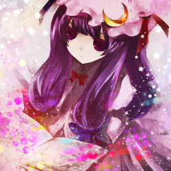 Rule 34 | 1girl, book, bow, bowtie, colorful, crescent, duca, expressionless, female focus, hair bow, hat, long hair, patchouli knowledge, pink eyes, purple eyes, purple hair, solo, sparkle, star (symbol), touhou