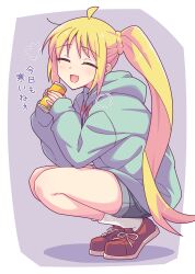 Rule 34 | 1girl, :d, ^ ^, ahoge, blonde hair, blue hoodie, blue shorts, blush, bocchi the rock!, braid, can, closed eyes, e20, facing viewer, highres, holding, holding can, hood, hood down, hoodie, ijichi nijika, long sleeves, open mouth, puffy long sleeves, puffy sleeves, purple background, red footwear, shadow, shoes, short shorts, shorts, side ponytail, sleeves past wrists, smile, solo, squatting, tiptoes, translation request, two-tone background, white background