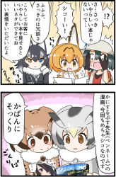 Rule 34 | !?, 10s, 2koma, 4girls, animal ears, backpack, bag, black hair, blonde hair, blush, bow, bowtie, brown eyes, brown hair, bucket hat, comic, commentary, covered eyes, emperor penguin (kemono friends), eurasian eagle owl (kemono friends), fur collar, grey wolf (kemono friends), hat, hat feather, head wings, heterochromia, kaban (kemono friends), kemejiho, kemono friends, long hair, multicolored hair, multiple girls, necktie, northern white-faced owl (kemono friends), pencil, serval (kemono friends), serval print, spoken interrobang, two-tone hair, wings, wolf ears, yellow eyes