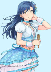 Rule 34 | 1girl, blue background, blue flower, blue hair, blue ribbon, blue skirt, breasts, brown eyes, choker, cleavage, closed mouth, cowboy shot, crop top, floating hair, flower, frilled skirt, frills, garter straps, groin, hair flower, hair ornament, hand in own hair, highres, holding, holding microphone, idolmaster, idolmaster (classic), jewelry, kisaragi chihaya, layered skirt, long hair, looking at viewer, microphone, midriff, miniskirt, navel, necklace, ribbon, ribbon choker, short sleeves, simple background, skirt, small breasts, smile, solo, standing, stomach, thighhighs, tsurui, very long hair, white thighhighs, wrist cuffs