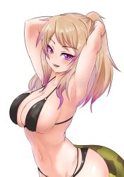 Rule 34 | 1girl, african rock python (kemono friends), akaisuto, areola slip, armpits, arms behind head, arms up, bad id, bad twitter id, bare arms, bikini, black bikini, blonde hair, breasts, covered erect nipples, fang, groin, halterneck, high ponytail, highres, kemono friends, long hair, looking at viewer, micro bikini, multicolored hair, navel, open mouth, purple eyes, purple hair, sideboob, simple background, skindentation, slit pupils, smile, snake tail, solo, stomach, swimsuit, tail, two-tone hair, upper body, white background