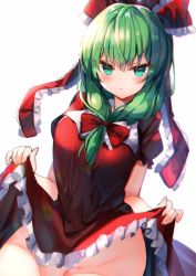 Rule 34 | 1girl, :o, amamitsu kousuke, bad id, bad twitter id, blush, bow, breasts, clothes lift, commentary request, cowboy shot, dress, dress lift, frilled bow, frilled ribbon, frills, front ponytail, green eyes, green hair, groin, hair between eyes, hair bow, hair ribbon, highres, kagiyama hina, large breasts, lifted by self, long hair, looking at viewer, no panties, parted lips, petticoat, puffy short sleeves, puffy sleeves, red bow, red dress, red ribbon, ribbon, short sleeves, simple background, solo, touhou, tsurime, white background