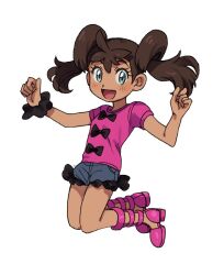Rule 34 | 1girl, :d, blush, brown hair, clenched hand, creatures (company), denim, denim shorts, elizabeth (tomas21), eyelashes, game freak, green eyes, grey shorts, hands up, happy, highres, looking at viewer, nintendo, open mouth, pink footwear, pink shirt, pokemon, pokemon xy, shauna (pokemon), shirt, shoes, short sleeves, shorts, simple background, smile, solo, t-shirt, twintails, white background