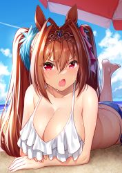 Rule 34 | 1girl, animal ears, bare arms, bare shoulders, barefoot, bikini, blue sky, blush, breasts, brown hair, cleavage, cloud, collarbone, commentary request, contrail, daiwa scarlet (umamusume), day, fang, foot up, hair intakes, highres, horse ears, large breasts, layered bikini, long hair, looking at viewer, lying, on ground, on stomach, open mouth, outdoors, red eyes, sand, skin fang, sky, solo, sweat, swimsuit, takurowo, tiara, twintails, umamusume, v-shaped eyebrows, very long hair, white bikini