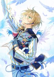Rule 34 | 1boy, belt, bird, bird wings, black gloves, blonde hair, blue belt, blue pants, buttons, commentary, earrings, ensemble stars!, feathers, gloves, green eyes, hairband, hand up, high collar, jewelry, long sleeves, male focus, microphone, outstretched hand, pants, parted lips, seuga, shiratori aira (ensemble stars!), short hair, standing, striped, white feathers, wings