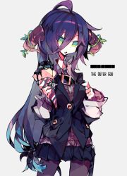 Rule 34 | 1girl, black jacket, black legwear, black skirt, blue hair, buckle, buttons, character request, copyright request, cowboy shot, food, green eyes, hair between eyes, highres, holding, holding food, horns, ice cream, ice cream cone, jacket, long hair, low ponytail, meto (metrin), multicolored hair, pentagram, plant, pleated skirt, purple hair, purple shirt, shirt, simple background, skirt, sleeves past wrists, solo, very long hair, vines, white background