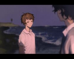 Rule 34 | 2boys, beach, black hair, brown eyes, brown hair, buttons, chinese commentary, closed mouth, collared shirt, commentary request, film grain, harada minoru, highres, letterboxed, male focus, multiple boys, outdoors, saibou shinkyoku, shirt, short hair, short sleeves, shuijiaohao, smile, utsugi noriyuki, white shirt