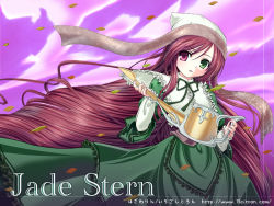 Rule 34 | 00s, 15citron, 1girl, bonnet, brown hair, collar, dress, frilled collar, frilled shirt collar, frills, green dress, green eyes, head scarf, heterochromia, holding, leaf, lolita fashion, long hair, long sleeves, looking at viewer, purple sky, red eyes, rozen maiden, sky, solo, suiseiseki, text focus, very long hair, watering can, wind